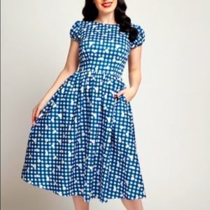 Collectif Demira Blue Gingham Daisy Swing Dress